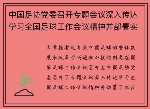 中国足协党委召开专题会议深入传达学习全国足球工作会议精神并部署实施方案