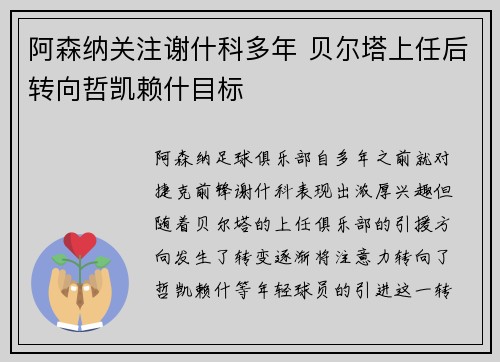 阿森纳关注谢什科多年 贝尔塔上任后转向哲凯赖什目标