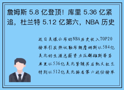 詹姆斯 5.8 亿登顶！库里 5.36 亿紧追，杜兰特 5.12 亿第六，NBA 历史收入榜 TOP20 解析